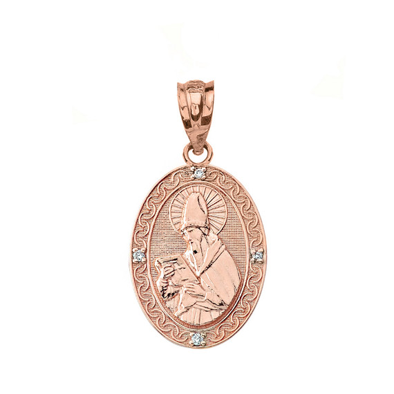 Solid Rose Gold Engravable Diamond Saint Augustine Oval Pendant Necklace 1.04"