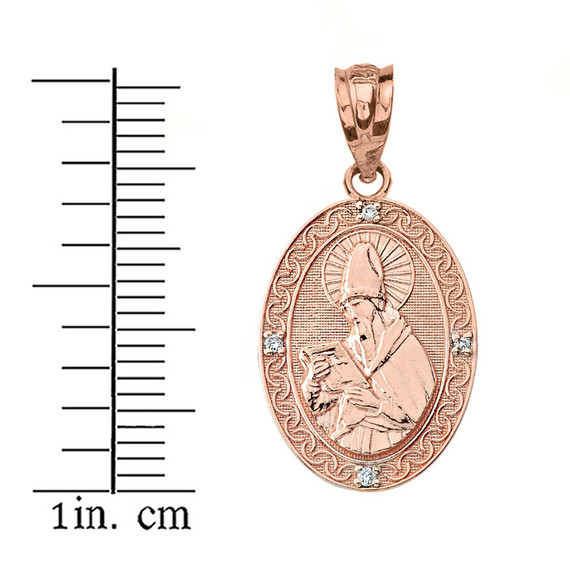 Solid Rose Gold Engravable Diamond Saint Augustine Oval Pendant Necklace 1.04"