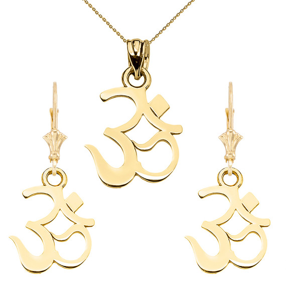 14K Ohm/Om/Aum Hindu Ganesh Pendant Earring Set(Available in Yellow/Rose/White Gold)