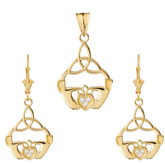 Diamond Claddagh Trinity Knot Pendant Necklace Set in Yellow Gold