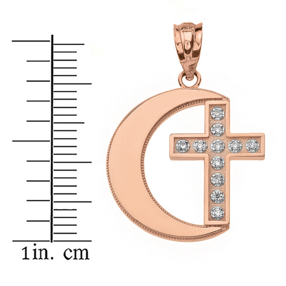 Solid Rose Gold Diamond Crescent Moon and Cross Pendant Necklace
