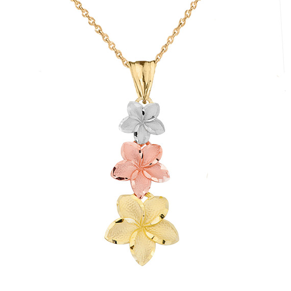 Tri Color Gold 3 Hawaiian Plumeria Flower Petal Pendant Necklace