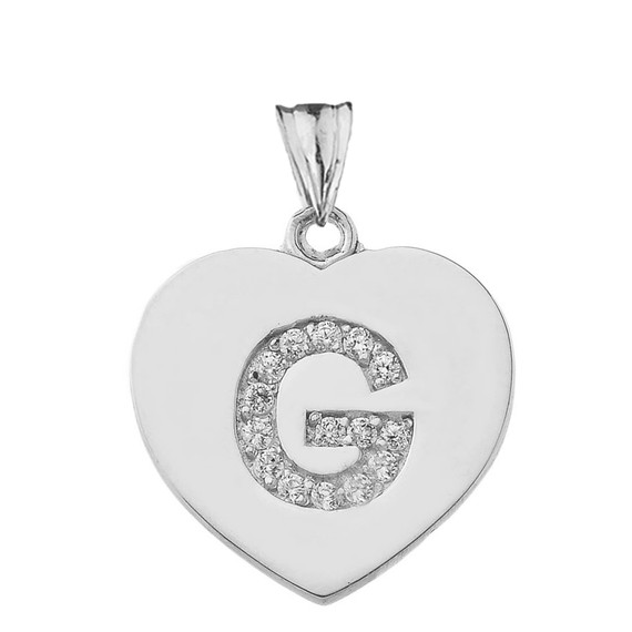 Diamond Initial "G" Heart Pendant Necklace in White Gold