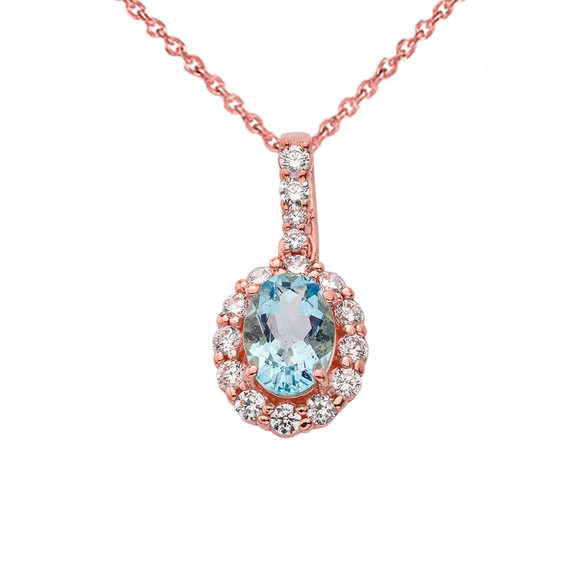 Diamond & Genuine Aquamarine Pendant Necklace in Rose Gold