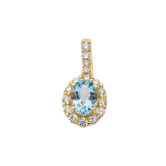 Cubic Zirconia & Genuine Aquamarine Pendant Necklace in Yellow Gold