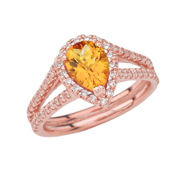 Double Raw Diamond Halo Pear Shape Genuine Checkerboard Citrine Ring in Rose Gold