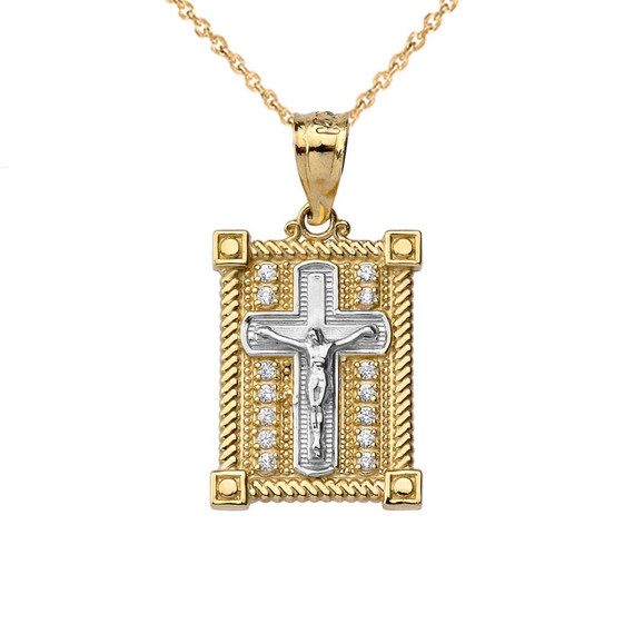 Diamond Boxed Cross Pendant Necklace in Two-Tone Yellow Gold