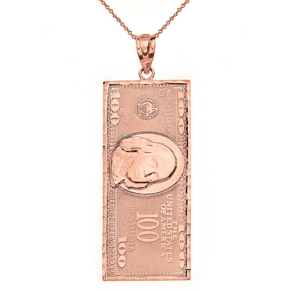 Benjamin Franklin United States American Hundred Dollar Bill  Pendant Necklace (Large) in Gold (Yellow/Rose/White)