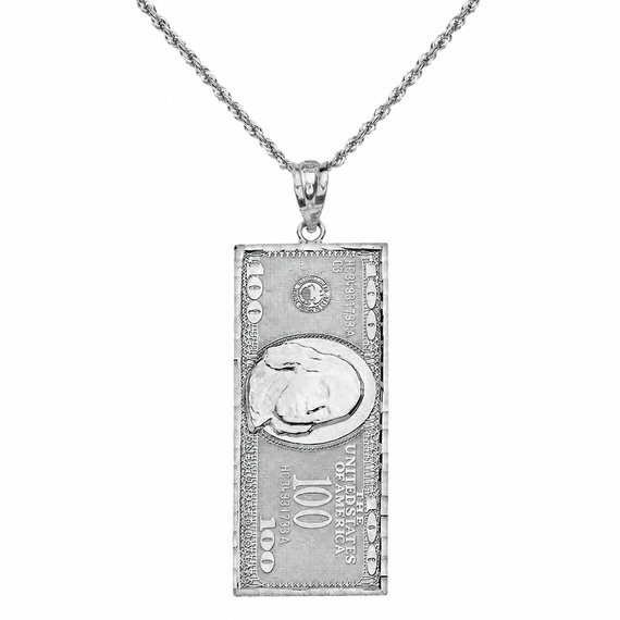 Sterling Silver Benjamin Franklin United States American Hundred Dollar Bill  Pendant Necklace (Large)