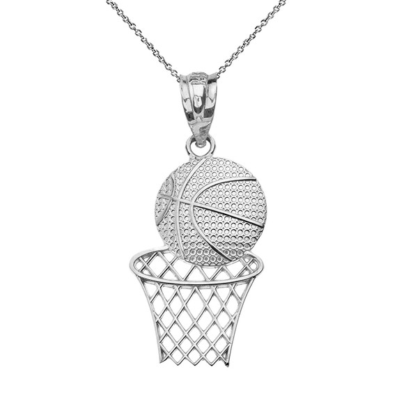 Solid White Gold Textured Basketball Hoop Sports Pendant Necklace