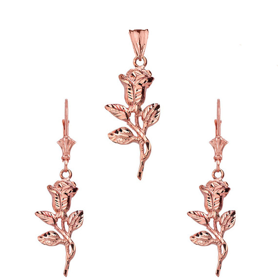 14K Sparkle Cut Rose Pendant Necklace Set in Rose Gold