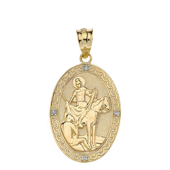 Engravable Diamond Saint Martin of Tours Pray For Us Oval Pendant Necklace  (1.20") in Gold (Yellow/Rose/White)