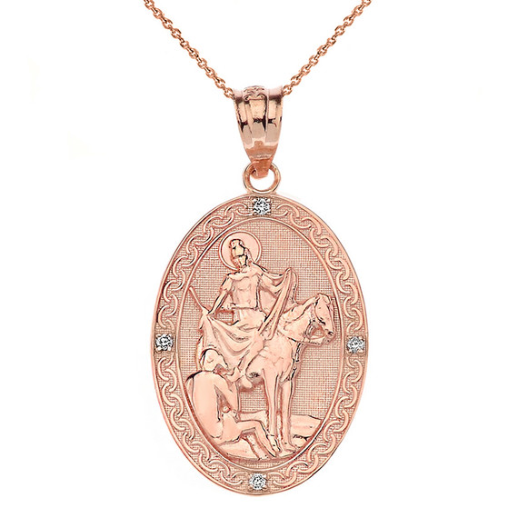 Engravable Diamond Saint Martin of Tours Pray For Us Oval Pendant Necklace  (1.20") in Gold (Yellow/Rose/White)