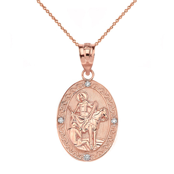 Solid Rose Gold Engravable Diamond Saint Martin of Tours Pray For Us Oval Pendant Necklace  (1.04")