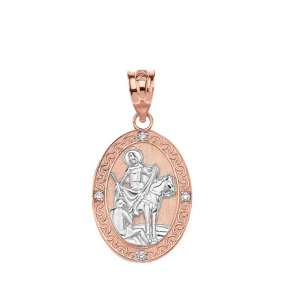 Solid Two Tone Rose Gold Engravable Diamond Saint Martin of Tours Pray For Us Oval Pendant Necklace  (1.04")