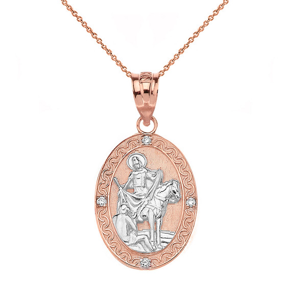 Solid Two Tone Rose Gold Engravable Diamond Saint Martin of Tours Pray For Us Oval Pendant Necklace  (1.04")