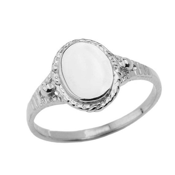 Milgrain Engravable Oval Signet Ring in White Gold