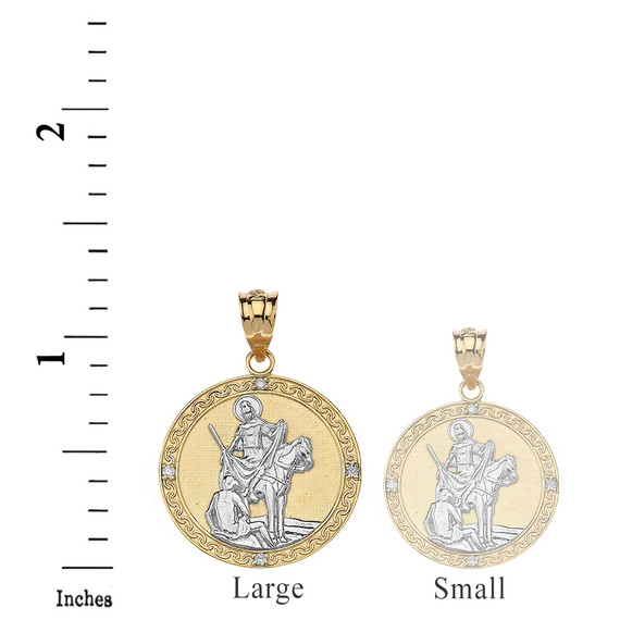 Solid Two Tone Yellow Gold Engravable Diamond Saint Martin of Tours Pray For Us Circle Pendant Necklace  (1.15")