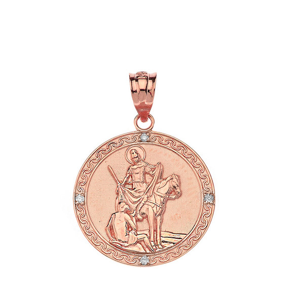 Solid Rose Gold Engravable Diamond Saint Martin of Tours Pray For Us Circle Pendant Necklace  (1.04")