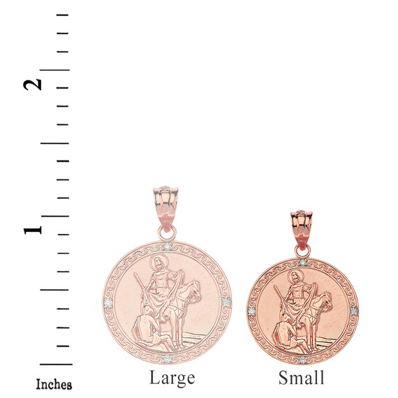 Solid Rose Gold Engravable Diamond Saint Martin of Tours Pray For Us Circle Pendant Necklace  (1.04")