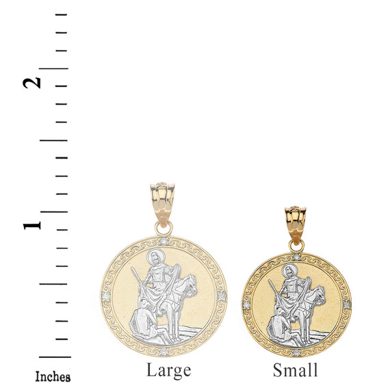 Solid Two Tone Yellow Gold Engravable Diamond Saint Martin of Tours Pray For Us Circle Pendant Necklace  (1.04")