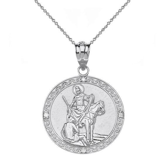 Sterling Silver Engravable CZ Saint Martin of Tours Pray For Us Circle Pendant Necklace  (1.04")