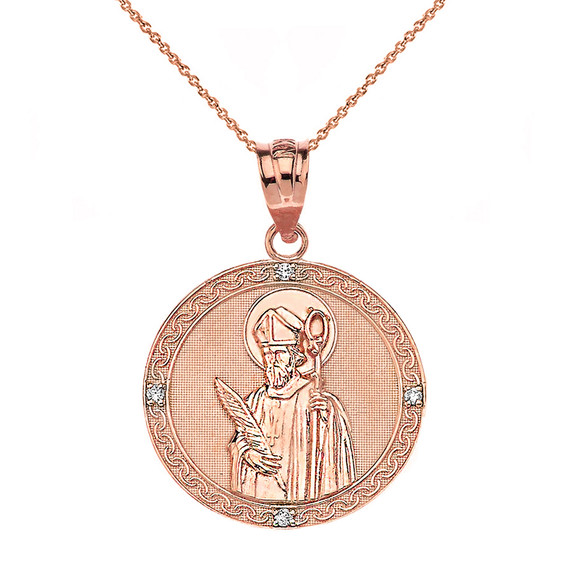 Engravable Diamond Saint Valentine Pray For Us Circle Pendant Necklace  (1.04") in Gold (Yellow/Rose/White/Two Tone Yellow/Two Tone Rose)