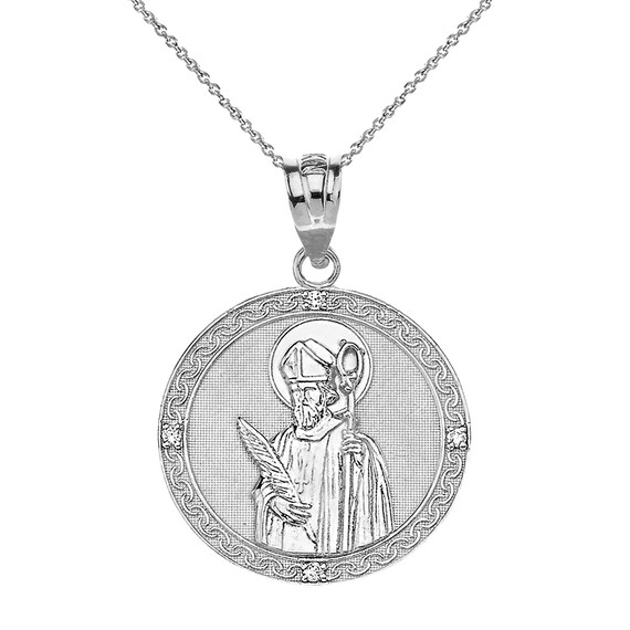 Engravable Diamond Saint Valentine Pray For Us Circle Pendant Necklace  (1.04") in Gold (Yellow/Rose/White)