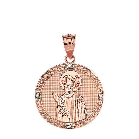 Engravable Diamond Saint Valentine Pray For Us Circle Pendant Necklace  (1.04") in Gold (Yellow/Rose/White/Two Tone Yellow/Two Tone Rose)