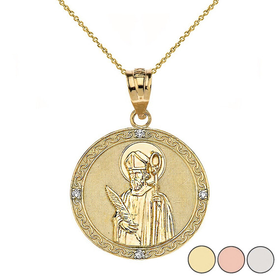 Engravable Diamond Saint Valentine Pray For Us Circle Pendant Necklace  (1.04") in Gold (Yellow/Rose/White)