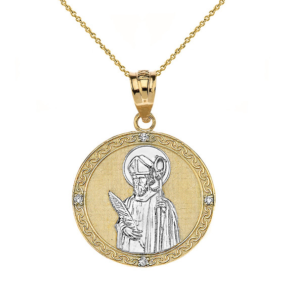 Solid Two Tone Yellow Gold Engravable Diamond Saint Valentine Pray For Us Circle Pendant Necklace  (1.04")