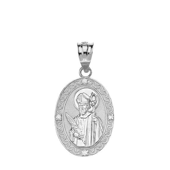 Engravable Diamond Saint Valentine Pray For Us Oval Pendant Necklace  (1.04") in Gold (Yellow/Rose/White)