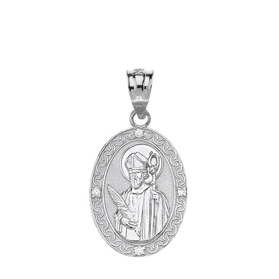 Solid White Gold Engravable Diamond Saint Valentine Pray For Us Oval Pendant Necklace  (1.04")