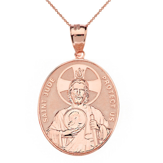 Large Saint Jude Protect Us Oval Pendant Necklace  (1.32") in Gold (Yellow/Rose/White)