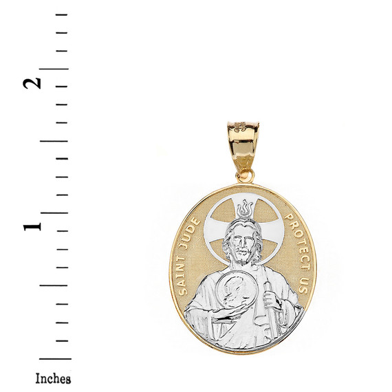 Solid Two Tone Yellow Gold Large Saint Jude Protect Us Oval Pendant Necklace  (1.32")