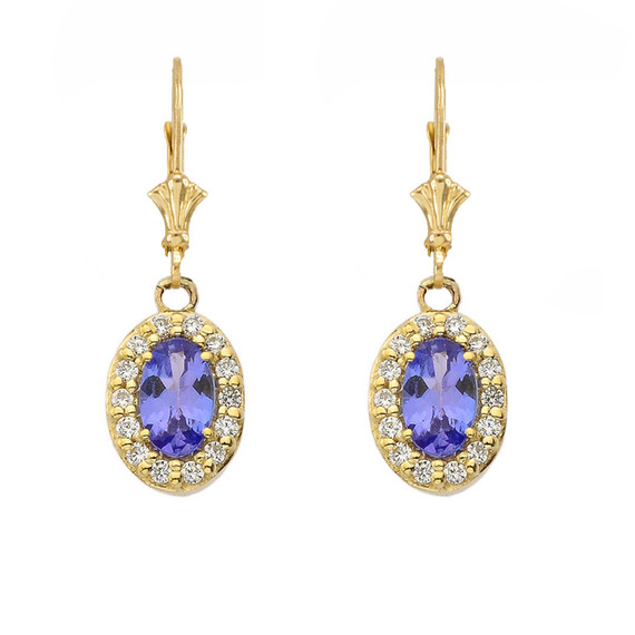 Yellow Gold Diamond and Genuine Gemstones Oval Leverback Earrings( Available In 5 Different Gemstones)