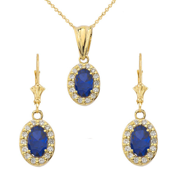 Diamond and Sapphire Oval Pendant Necklace and Earrings Set in Yellow Gold