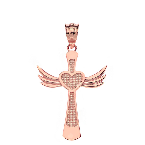 Solid Rose Gold Winged Heart Cross Pendant Necklace