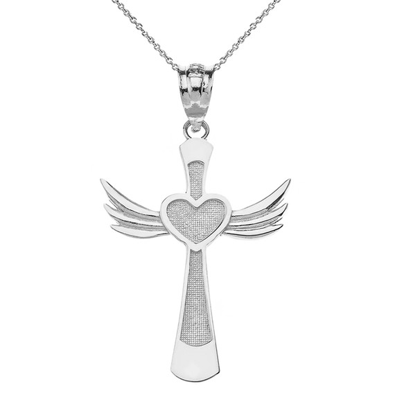 Sterling Silver Winged Heart Cross Pendant Necklace