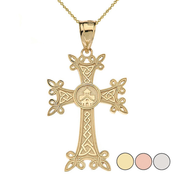 Armenian Apostolic Trinity Knot Cross Pendant Necklace in Gold (Yellow/Rose/White)