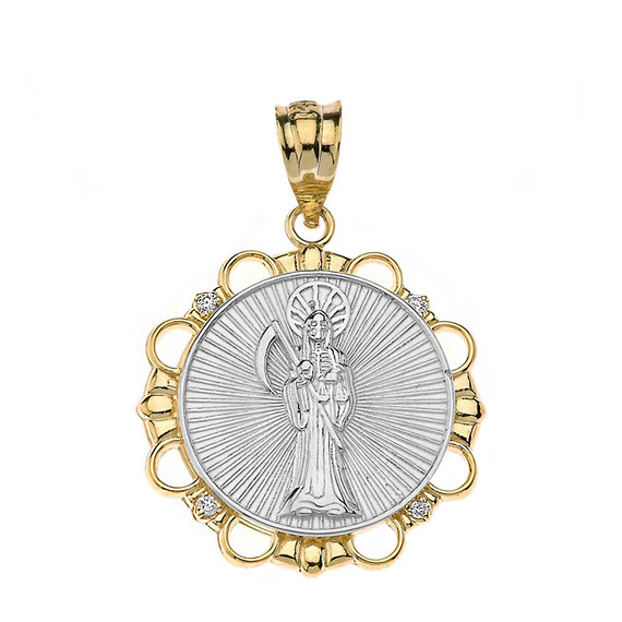 Solid Two Tone Yellow Gold Diamond Santa Muerte Circle Pendant Necklace