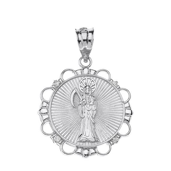 Sterling Silver CZ Santa Muerte Circle Pendant Necklace