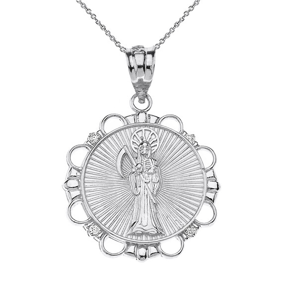 Sterling Silver CZ Santa Muerte Circle Pendant Necklace