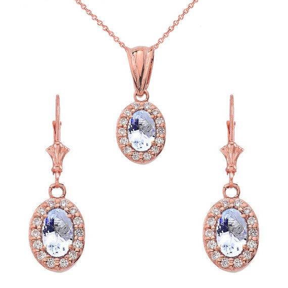 Solid Gold Diamond and Aquamarine Oval Pendant Necklace and Earrings Set(Available In Yellow/Rose/White Gold)