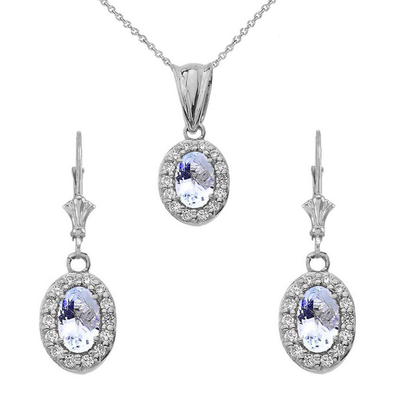 Solid Gold Diamond and Aquamarine Oval Pendant Necklace and Earrings Set(Available In Yellow/Rose/White Gold)