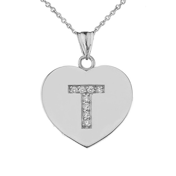 Diamond Initial "T" Heart Pendant Necklace in White Gold