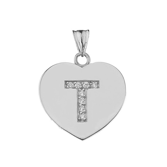 CZ Initial "T" Heart Pendant Necklace in Sterling Silver