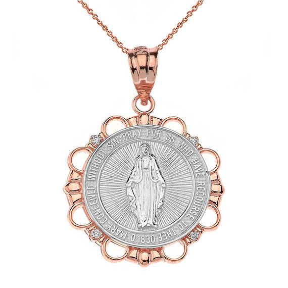 Solid Gold Diamond Mary Immaculate Miraculous Medal Circle Pendant Necklacercle  (Available In Yellow/Rose/White/Two Tone Gold Gold)