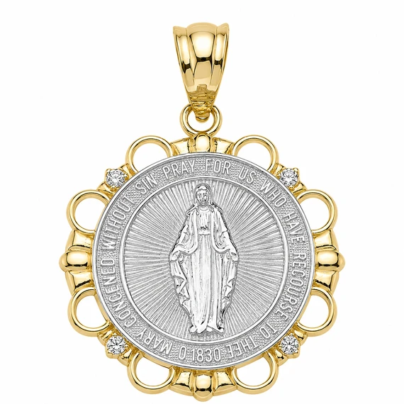 Solid Gold Diamond Mary Immaculate Miraculous Medal Circle Pendant Necklacercle  (Available In Yellow/Rose/White/Two Tone Gold Gold)