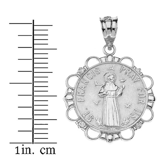 Solid White Gold Diamond Saint Francis Pray For Us Circle Pendant Necklace